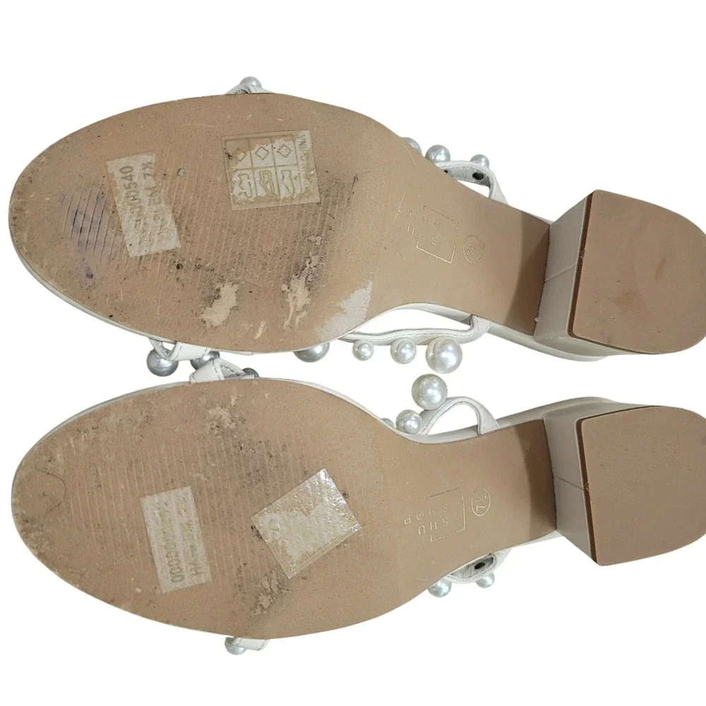 Shu Shop Pearl Block Heel Embellished Sandals 7.5 Faux Pearl Strappy Dressy Chic